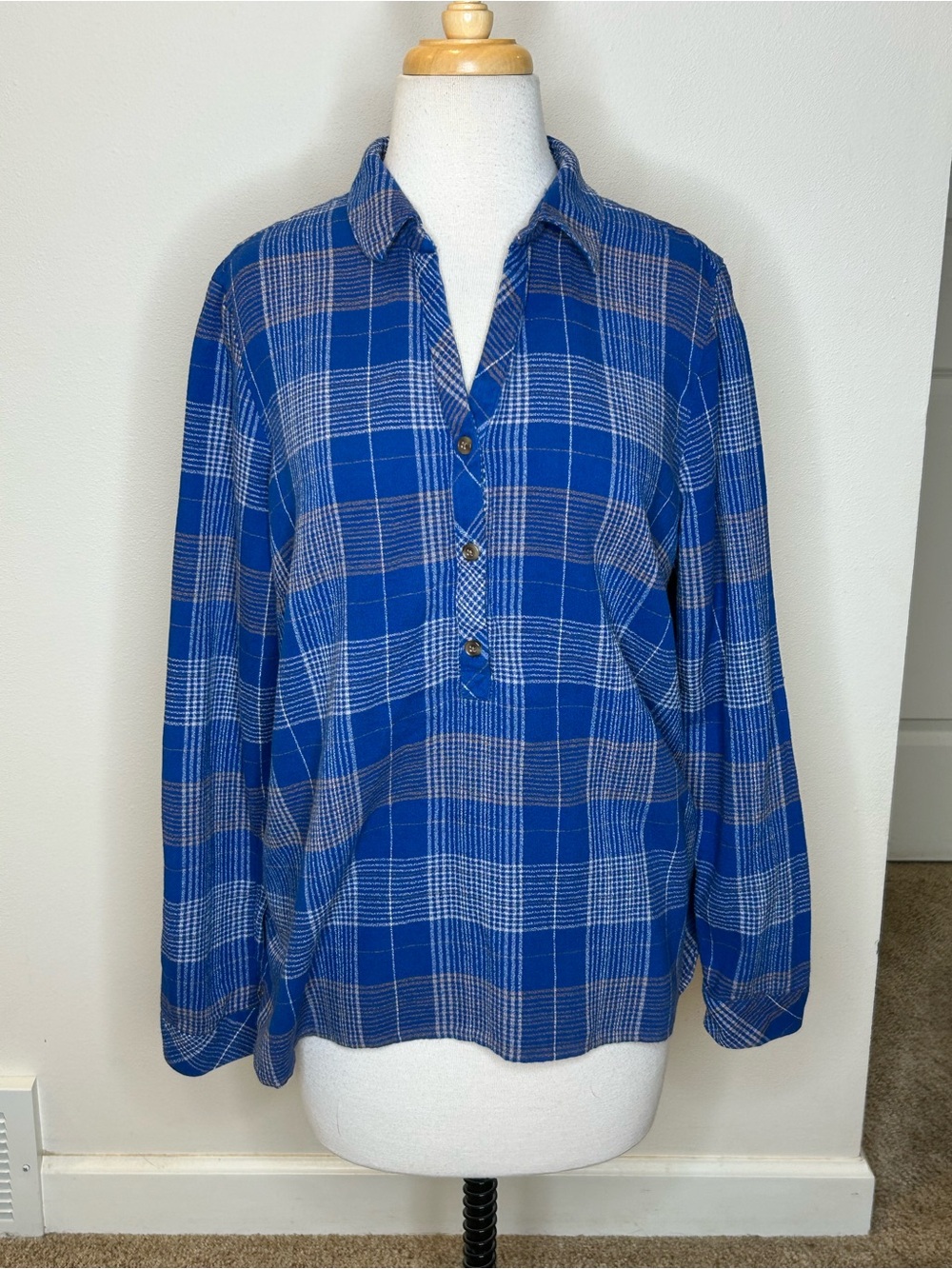 J. Jill Blue Plaid Popover Tunic Casual Shirt Size L